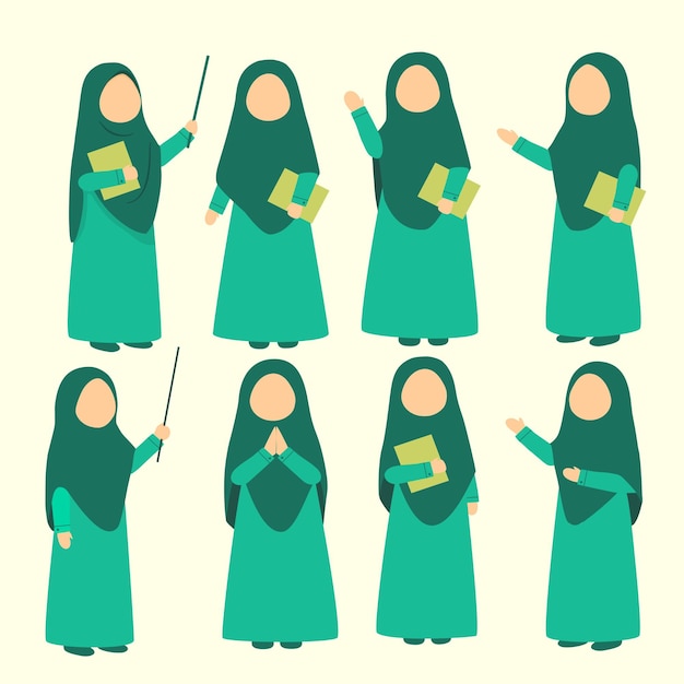 Cute cartoon Muslim teacher in hijab holding book