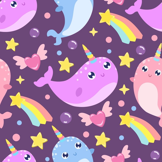 Cute cartoon narwhal seamless pattern