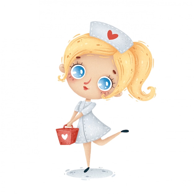 Cute cartoon nurse with blonde hair in a white coat with a red suitcase