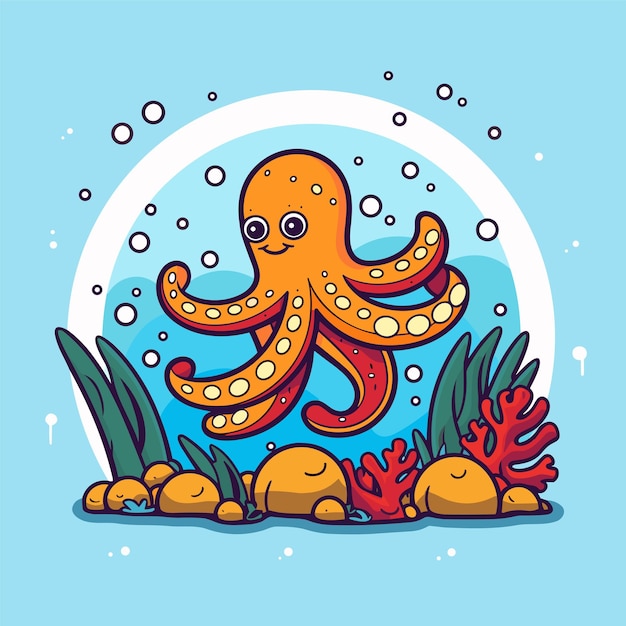 Vector cute cartoon octopus underwater vector illustration