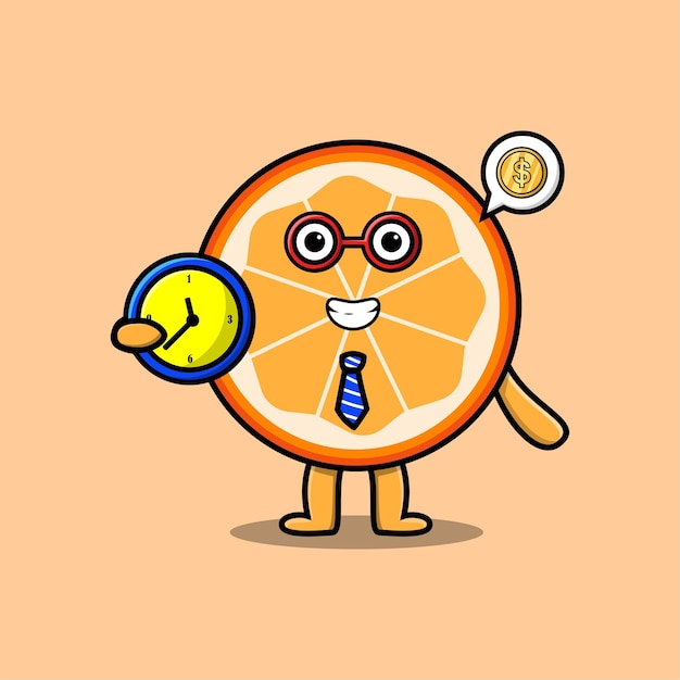 Cute cartoon orange fruit character holding clock