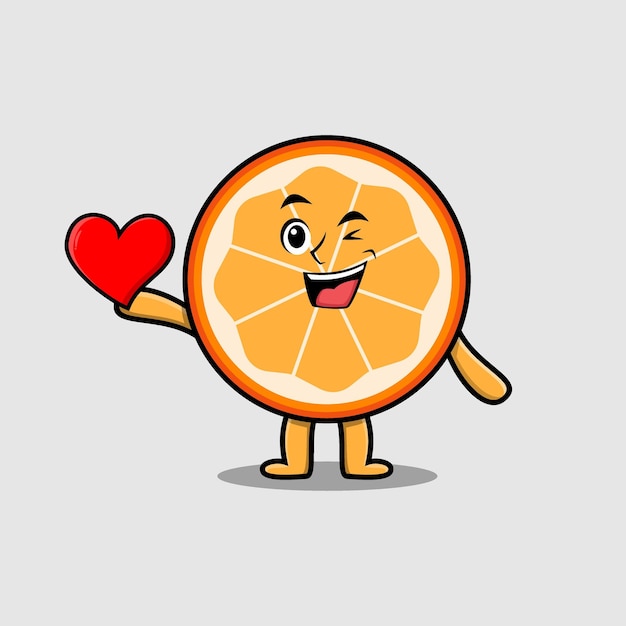 Cute cartoon orange fruit holding big red heart