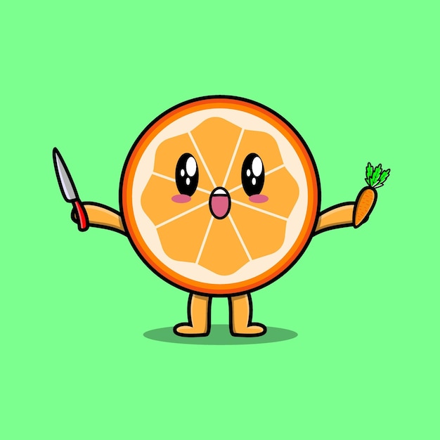 Vector cute cartoon orange fruit holding knife and carrot