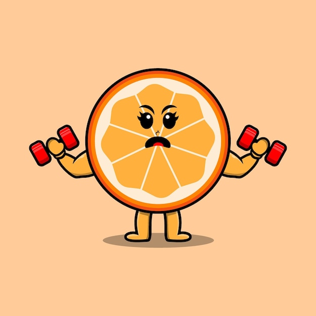 Cute cartoon orange fruit is fitness with barbell