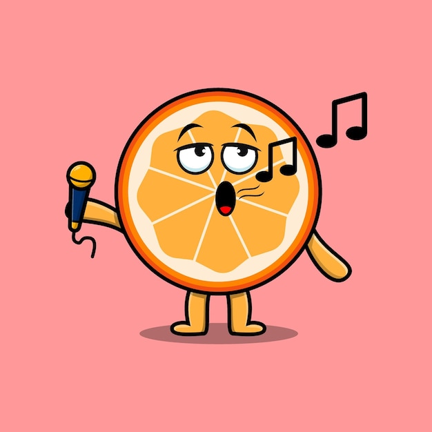 Cute cartoon orange fruit singer character holding mic in 3d modern style design