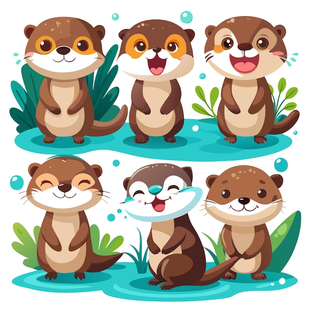 Vector cute cartoon otters displaying various cheerful expressions