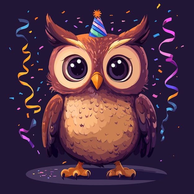 Vector cute cartoon owl celebrating with party streamers vector illustration