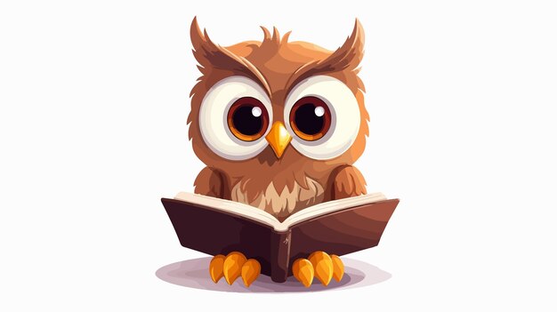 Vector cute cartoon owl character reading a book