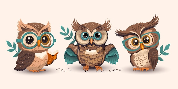 Cute cartoon owl in glasses set with a book smart student kids collection teacher student bird funny animal