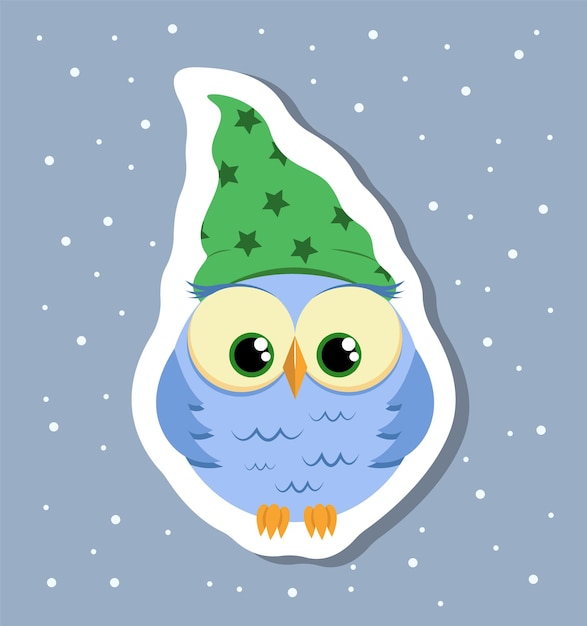 Cute cartoon owl in green hat character sticker