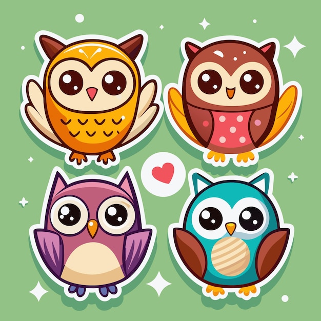 Vector cute cartoon owl stickers with big eyes