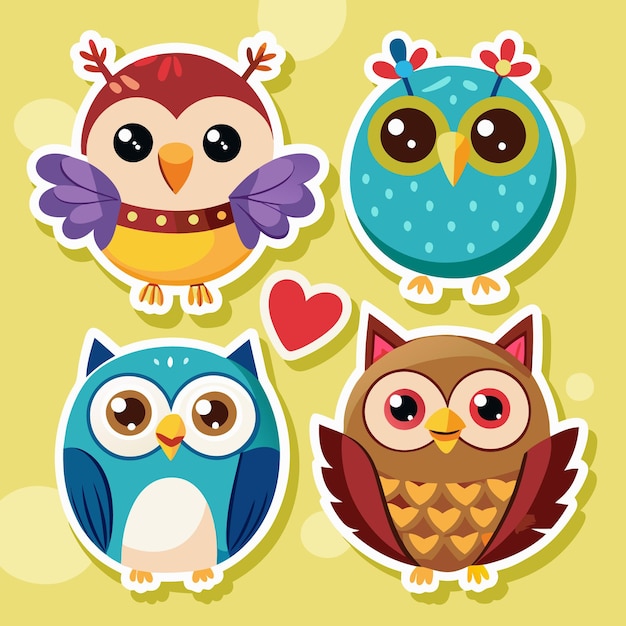 Cute cartoon owl stickers on a yellow background