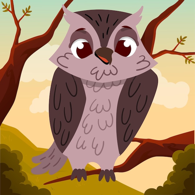 Vector cute cartoon owl wise big bird sitting on tree branch children illustration for book and printing on