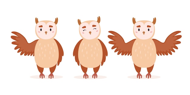 Vector cute cartoon owl with wings