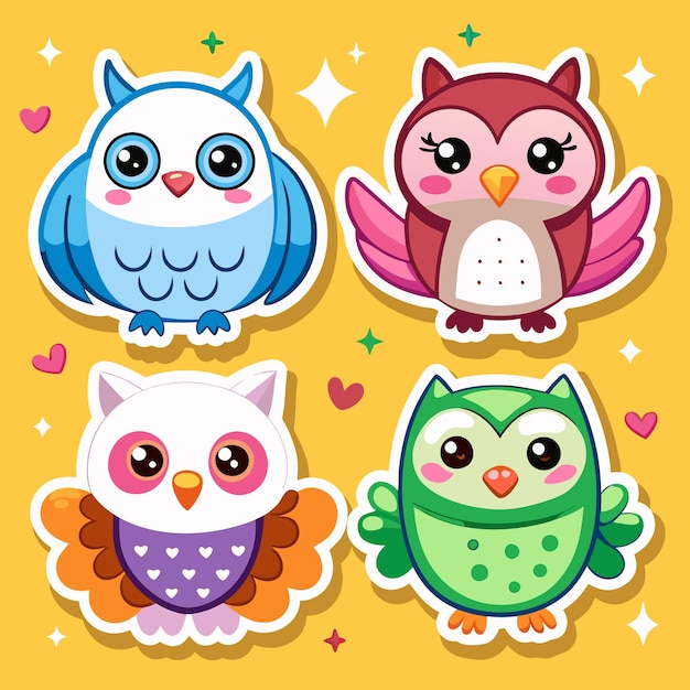 Cute Cartoon Owls with Big Eyes Stickers and Hearts