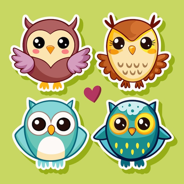 Vector cute cartoon owls with big eyes and wings