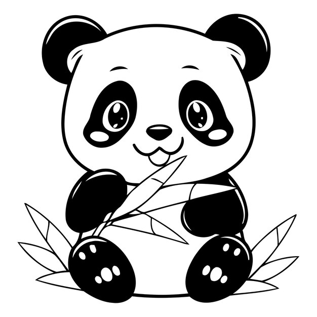 Cute cartoon panda bear sitting on bamboo leaves Vector illustration