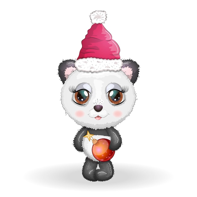 Cute cartoon panda bear with big eyes in a red Santa Claus hat with a Christmas ball Greeting card