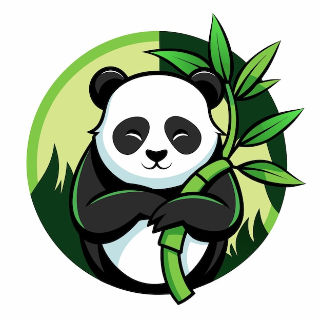 Vector a cute cartoon panda bear with closed eyes and a smile is holding a green bamboo stalk the panda is surrounded by a green circle with a yellow sunburst behind it