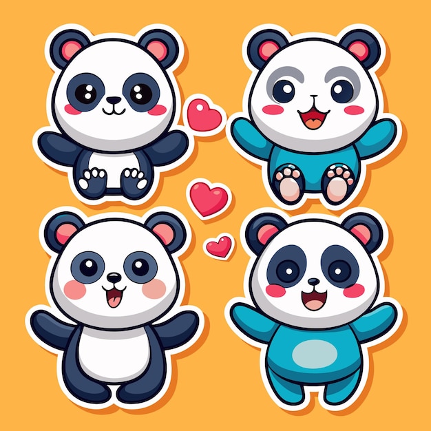 Cute cartoon panda bears with hearts on a yellow background