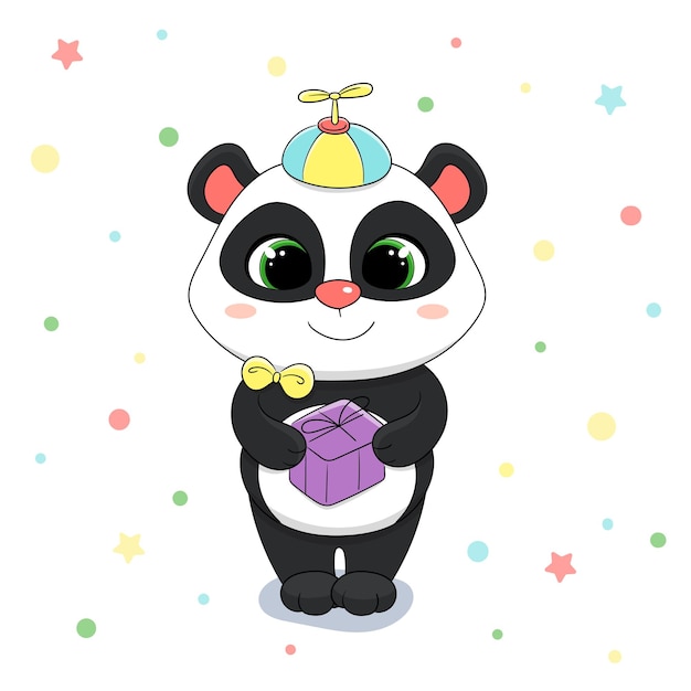 Vector cute cartoon panda boy with a bright present and a cap childrens illustration vector