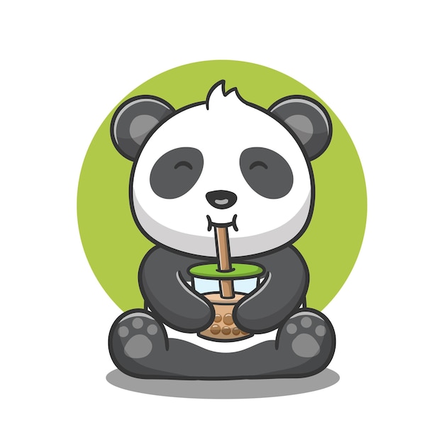 cute cartoon panda drinking and sitting, vector illustration.