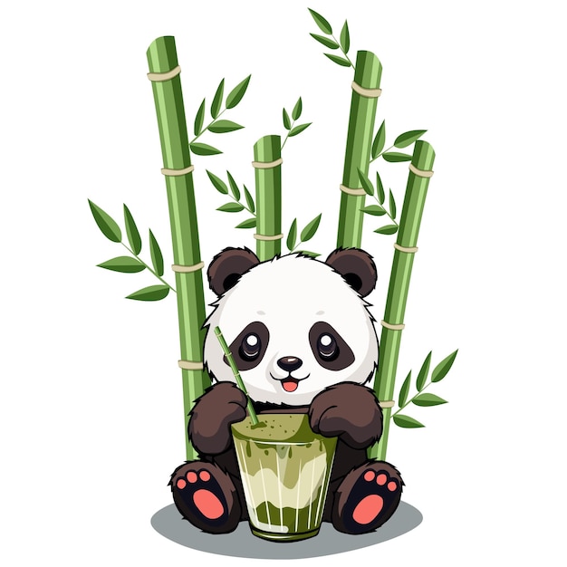 A cute cartoon panda drinks greens matcha from a glass through a straw on a background of bamboo