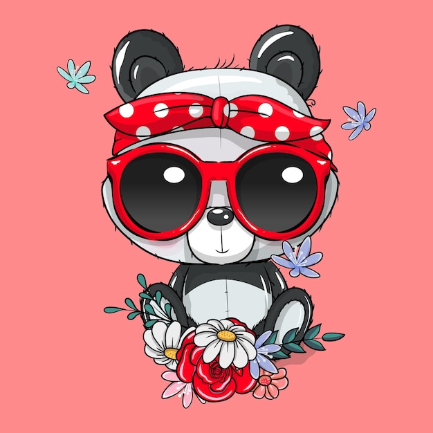 Cute Cartoon panda with bandana and glasses vector illustration