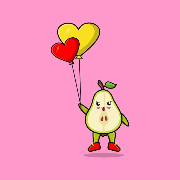 Cute cartoon pear fruit floating with love balloon cartoon vector illustration