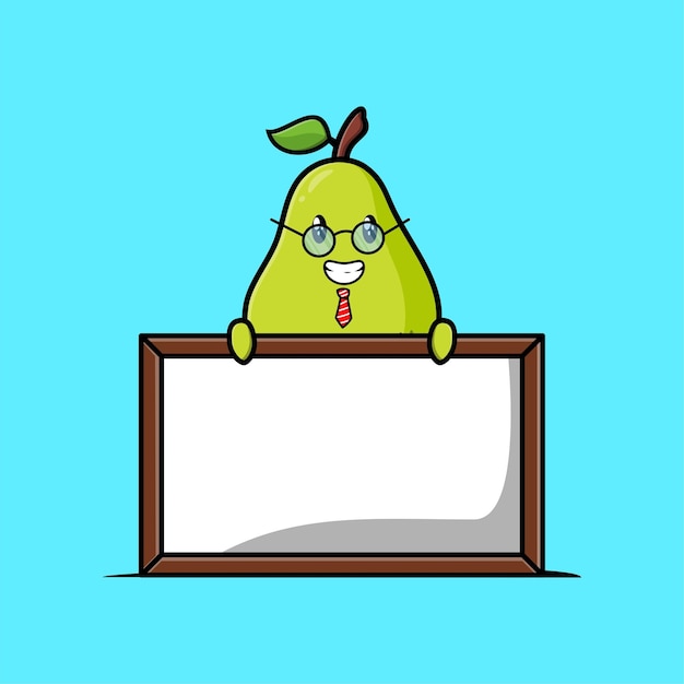 Cute cartoon pear fruit teacher character with big whiteboard in 3d cartoon style concept