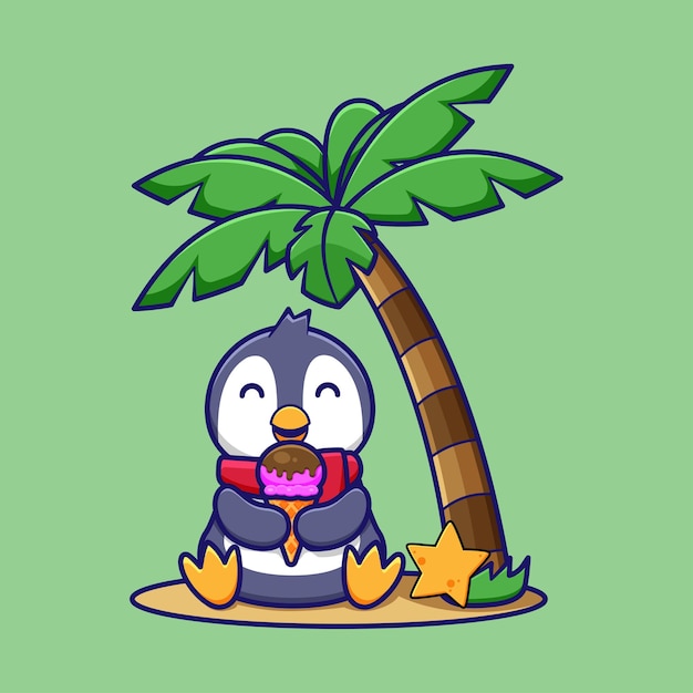 cute cartoon penguin design eating ice cream under the tree