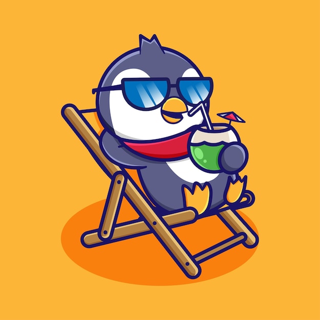 cute cartoon penguin design sitting on a beach chair drinking coconut