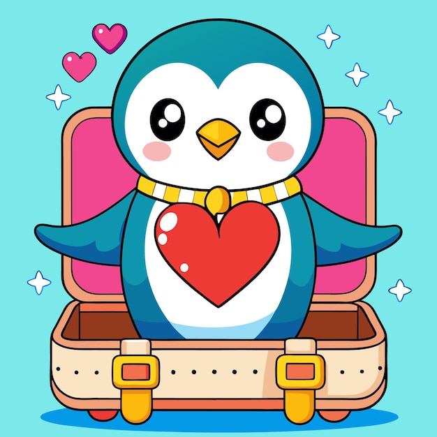 Vector a cute cartoon penguin with a heart in a suitcase