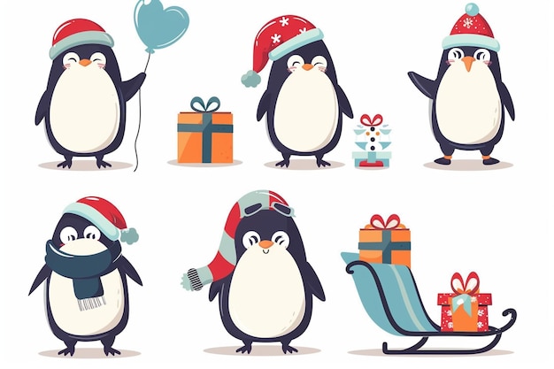 Vector cute cartoon penguins in various poses