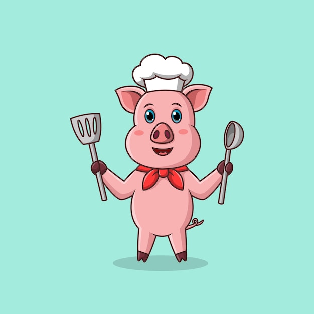 Cute cartoon pig chef character Vector illustration