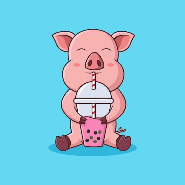 Vector cute cartoon pig drinking pop ice vector illustration