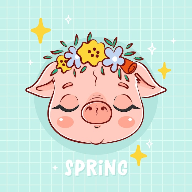 Cute cartoon pig face with flowers cartoon illustration for kids