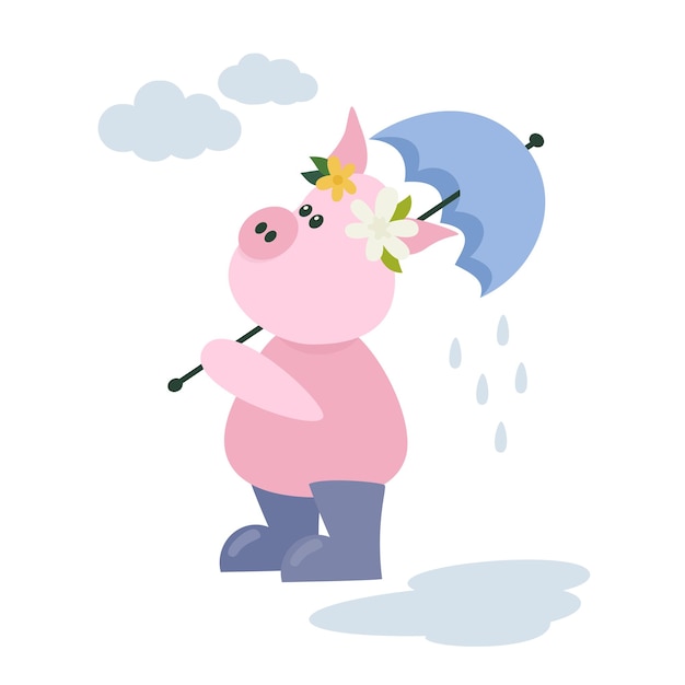 Cute cartoon pig with boots and umbrella in flat style Spring character standing in the rain