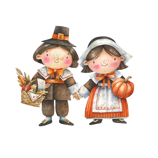 Cute, cartoon pilgrims with autumn gifts watercolor illustration. Thanksgiving Day children Pilgrim