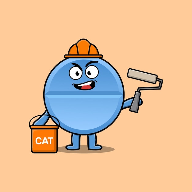 Cute cartoon pill medicine as a builder character painting in flat modern style design