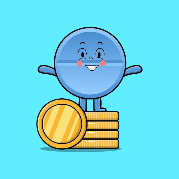 Cute cartoon pill medicine character standing in stacked gold coin vector illustration