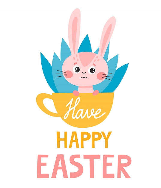 Cute cartoon pink rabbit in cup and lettering for easter