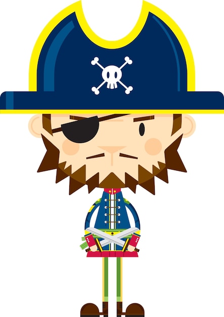 Cute Cartoon Pirate Captain with Eyepatch and Swords