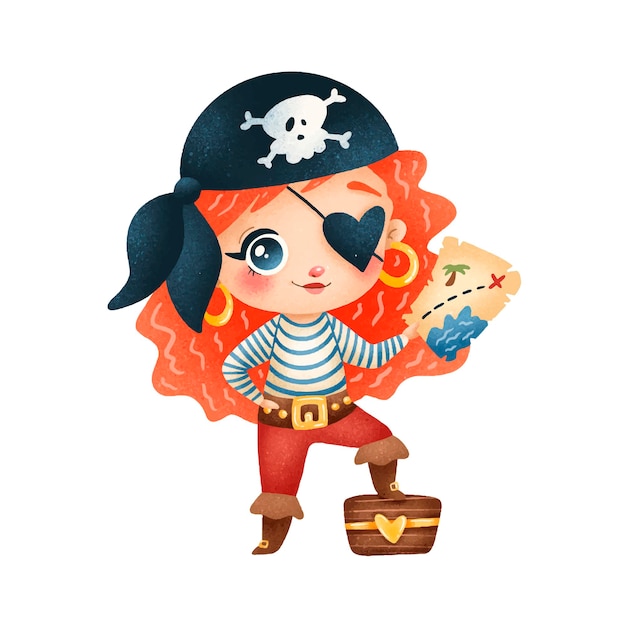 Cute cartoon pirate girl isolated on white