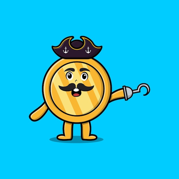 Cute cartoon pirate gold coin with hook hand in 3d modern style design