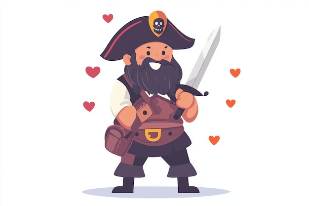 Cute Cartoon Pirate Holding Sword And Chest