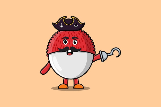 Cute cartoon pirate Lychee with hook hand in 3d modern style design