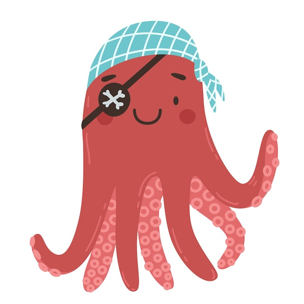 Cute cartoon pirate octopus with eyepatch and bandana Cartoon vector illustration Postcard poster invitation sticker