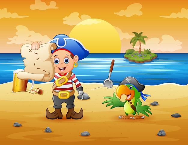 Cute cartoon a pirate and parrot search for treasure with maps