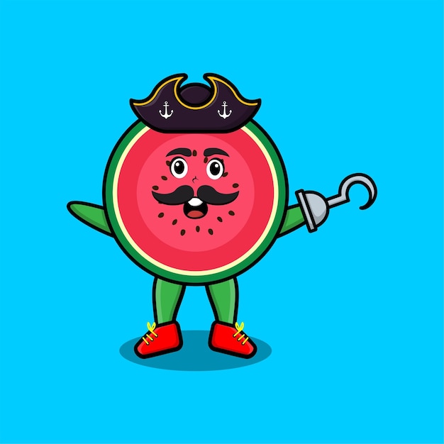 Cute cartoon pirate watermelon with hook hand in 3d modern style design